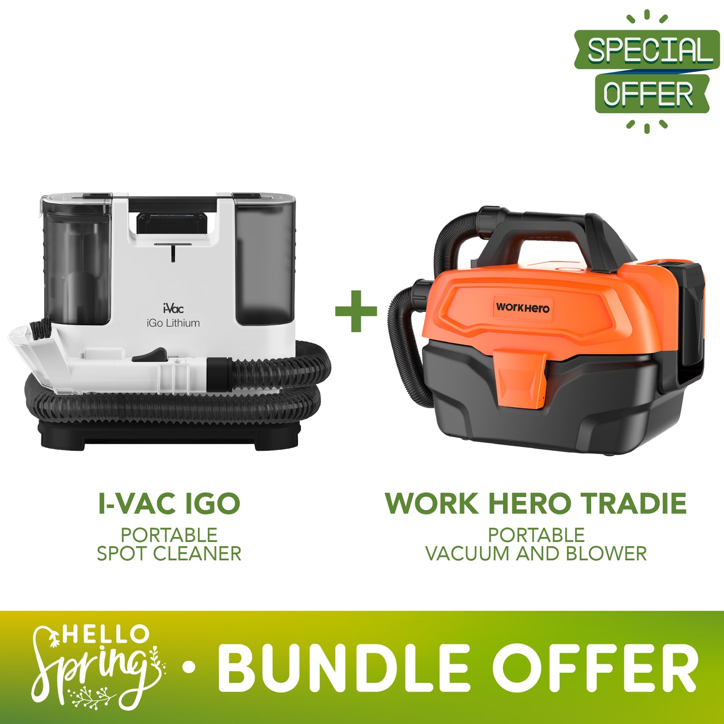 [Bundle Offer] i-Vac iGo Lithium Cordless Spot Cleaner & Work Hero Tradie Wet & Dry Portable Battery Vacuum with Blower Function